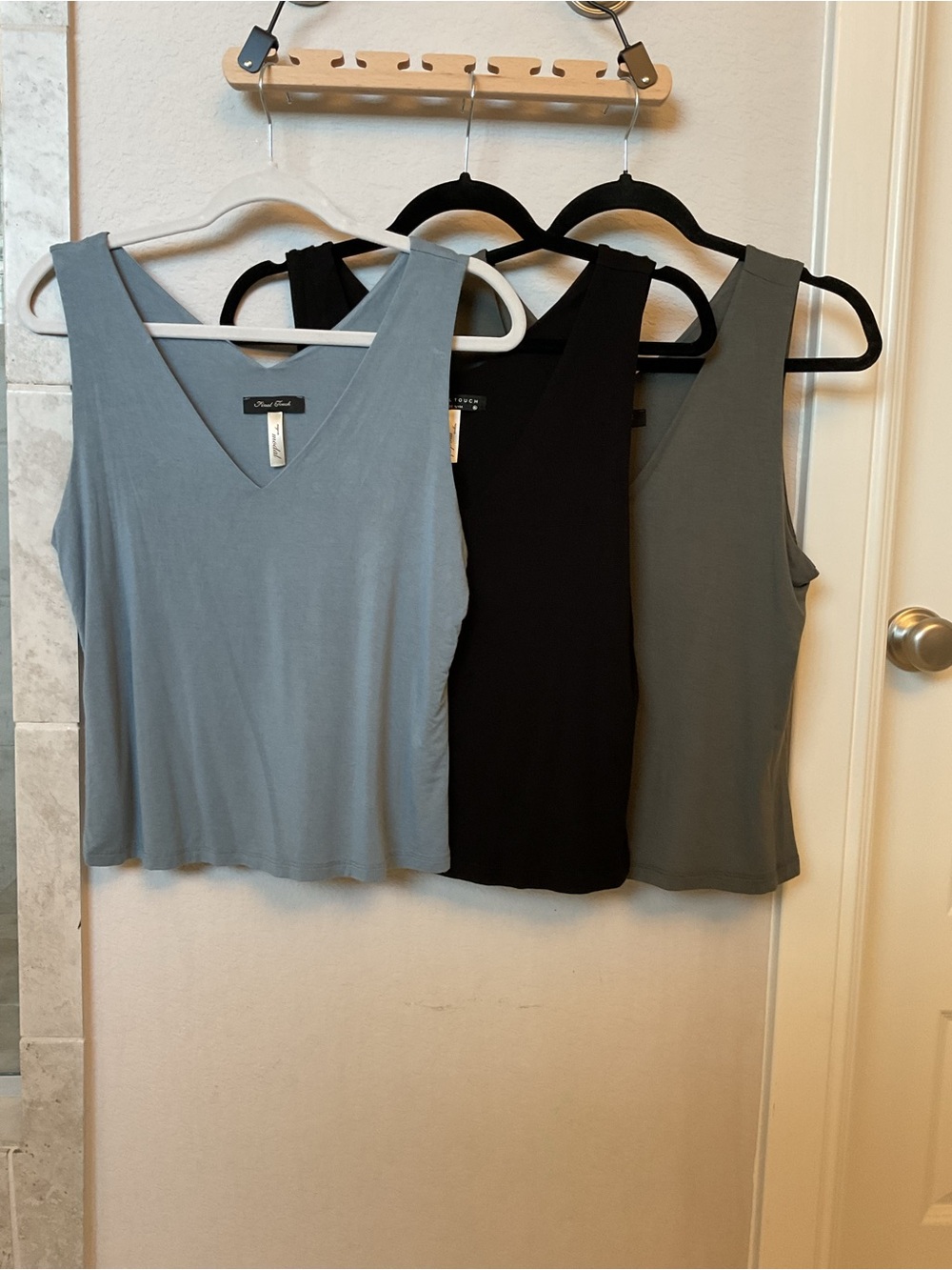 Final Touch Double Lined V-Neck Tank Trio - Light Blue, Black, Olive